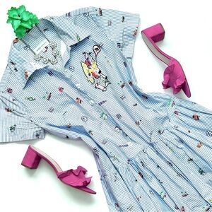 Mira Mikati Embroidered Dress Short Sleeve Button Front Striped Shirtdress S